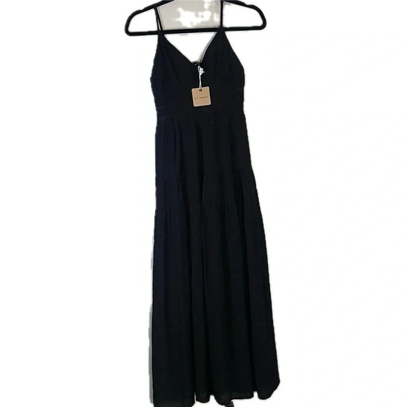 Blu Pepper Small Black V-Neck Spaghetti Strap Tiered Maxi Dress NWOT - Picture 3 of 12